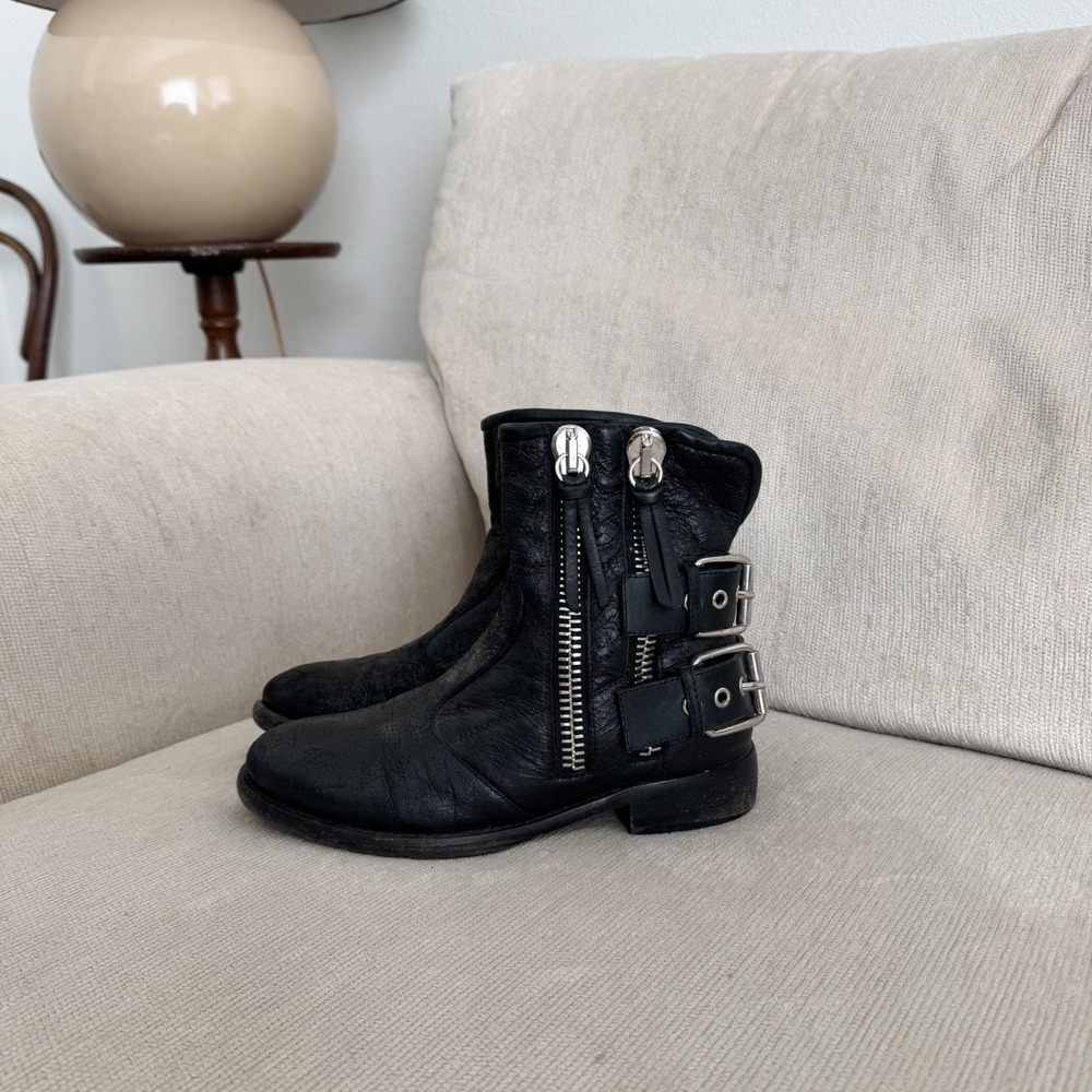 Giuseppe Zanotti Black Leather Moto Boots Double Zip Buckle Italy 36.5/6